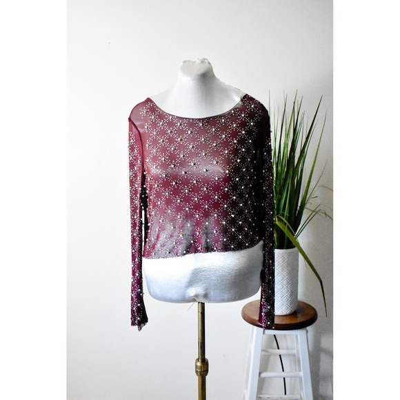 Faded Rose Tops - Faded Rose Mesh Top Women Large Burgundy Modern Pearl Rhinestone Embellished M8
